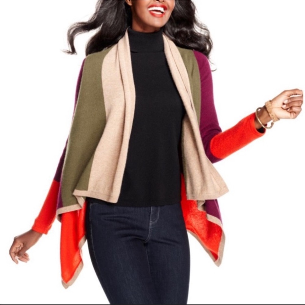 Charter Club, Color Block Multicolor Open Front Cashmere Cardigan, Size M